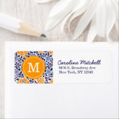 Navy en Sinaasappel Retro Floral Damask Monogram Etiket (Insitu)