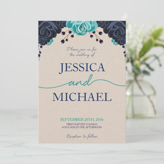 Navy en Turquoise Floral Wedding Invitation Kaart (Staand voorkant)