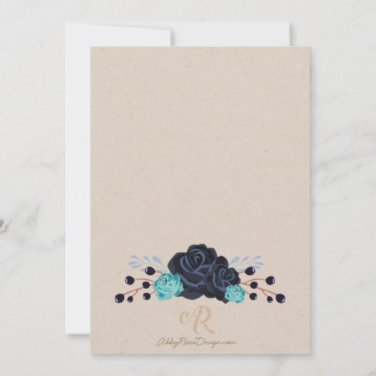 Navy en Turquoise Floral Wedding Invitation Kaart (Achterkant)