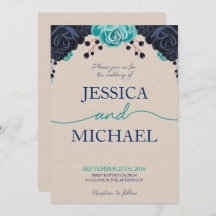 Navy en Turquoise Floral Wedding Invitation