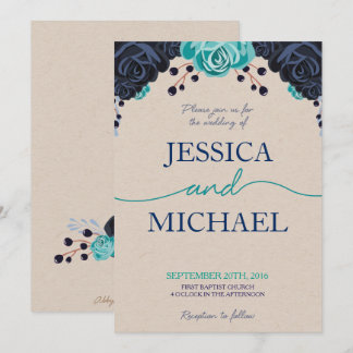 Navy en Turquoise Floral Wedding Invitation Kaart