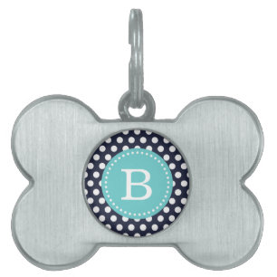 Navy en Turquoise Stippen Custom Monogram Huisdieren Naamplaatje