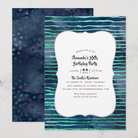 Navy en Turquoise Strepen en Polka Dots Verjaardag Kaart (Voorkant / Achterkant)