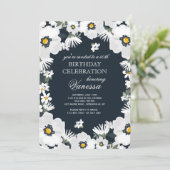 Navy en White Daisies Uitnodiging (Staand voorkant)