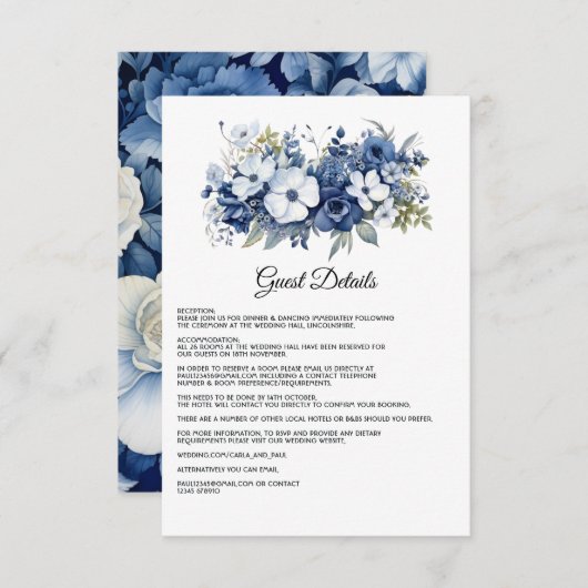 Navy en White Floral bruiloft Gast Details Informatiekaartje (Voorkant / Achterkant)
