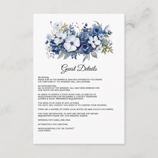 Navy en White Floral bruiloft Gast Details Informatiekaartje (Voorkant)