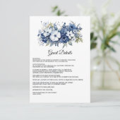 Navy en White Floral bruiloft Gast Details Informatiekaartje (Staand voorkant)