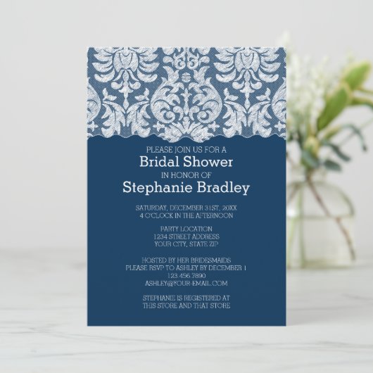 Navy en White Lace Damask Pattern Vrijgezellenfees Kaart (Staand voorkant)