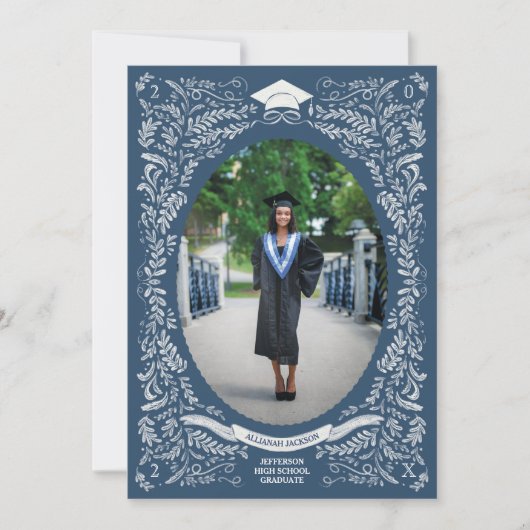 Navy en White Leaf-Bordered Afstuderen Kaart (Voorkant)