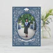 Navy en White Leaf-Bordered Afstuderen Kaart (Staand voorkant)