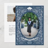 Navy en White Leaf-Bordered Afstuderen Kaart (Voorkant / Achterkant)
