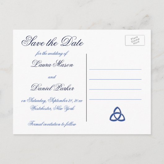 Navy en White Love Knot Save the Date Briefkaart (Achterkant)
