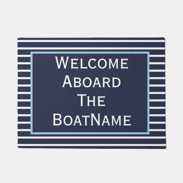 Navy en White met Light Blue Welcome Aboard Boat Deurmat (Voorkant)