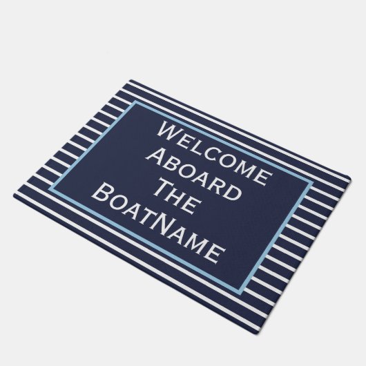 Navy en White met Light Blue Welcome Aboard Boat Deurmat (Schuin)
