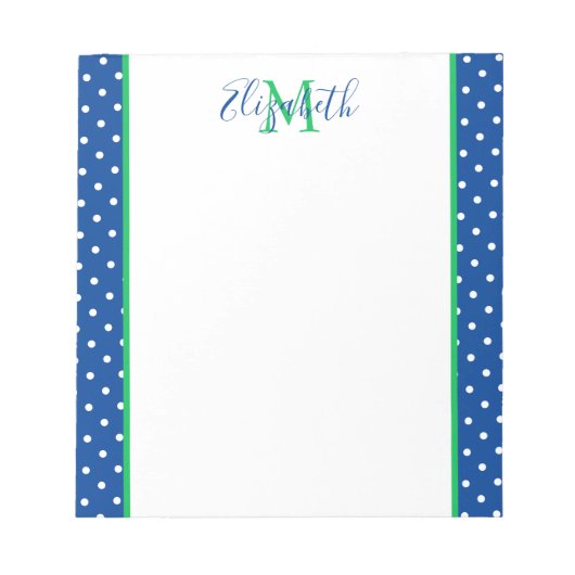 Navy en White Polka Dot met Green Monogram Notitieblok (Voorkant)