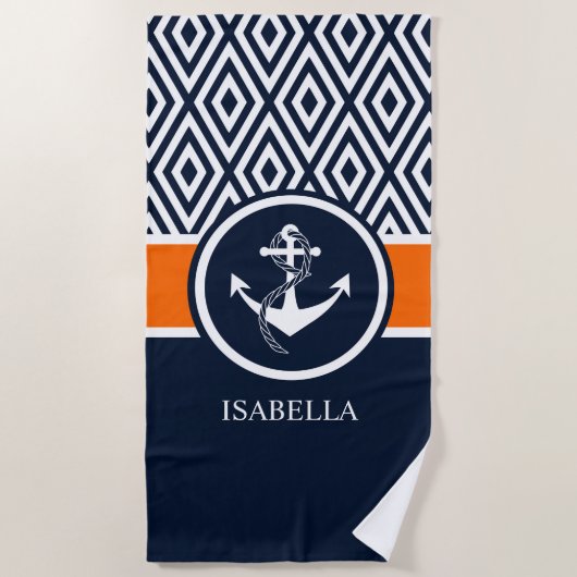 NAVY EN WHITE STRIPED MONOGRAM NAUTICAL ANCHOR STRANDLAKEN (Voorkant)