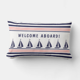 Navy en White Striped Nautical Welkom aan boord Buitenkussen