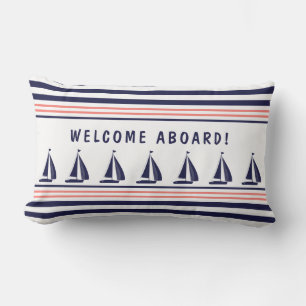 Navy en White Striped Nautical Welkom aan boord Buitenkussen