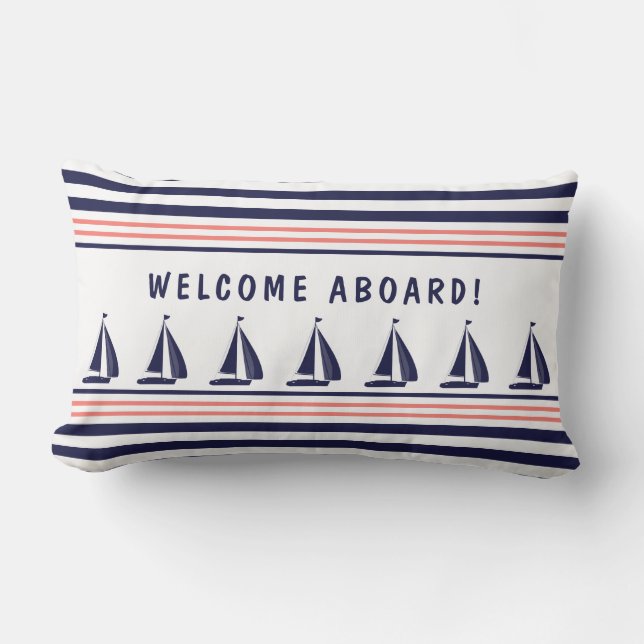 Navy en White Striped Nautical Welkom aan boord Buitenkussen (Voorkant)