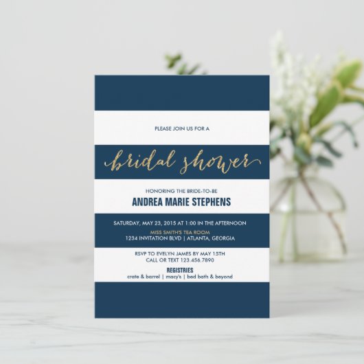 Navy en White Stripes Gouden Glitter Vrijgezellenf Kaart (Staand voorkant)