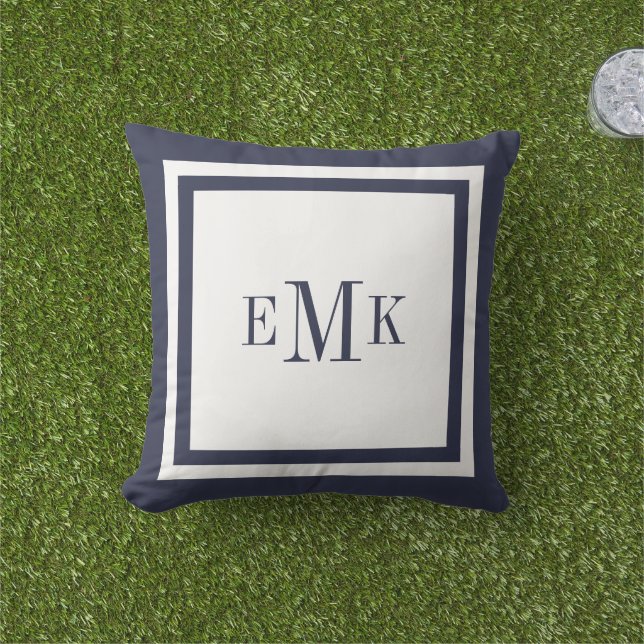 Navy en wit Preppy Lint Stippen Custom Monogram Buitenkussen (Gras)