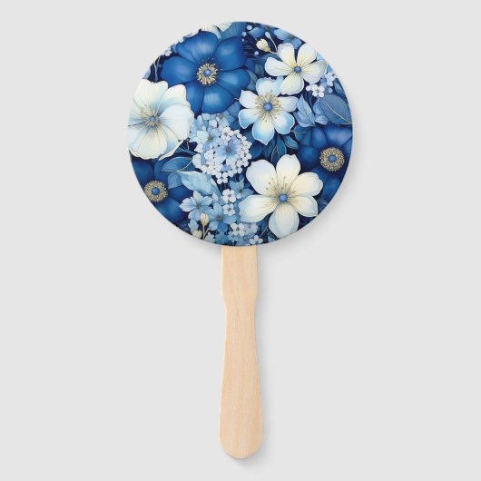 Navy en witte bloemenbruiloft handwaaier (Achterkant)