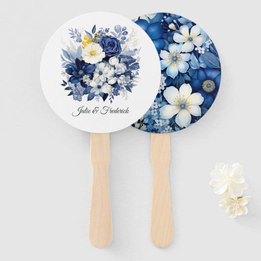 Navy en witte bloemenbruiloft handwaaier (Voorkant en achterkant)