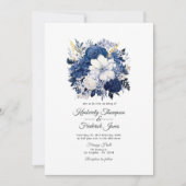 Navy en witte bloemenbruiloft kaart (Voorkant)