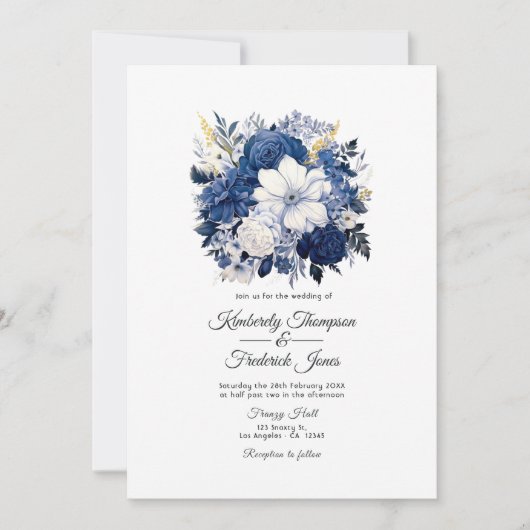 Navy en witte bloemenbruiloft kaart (Voorkant)