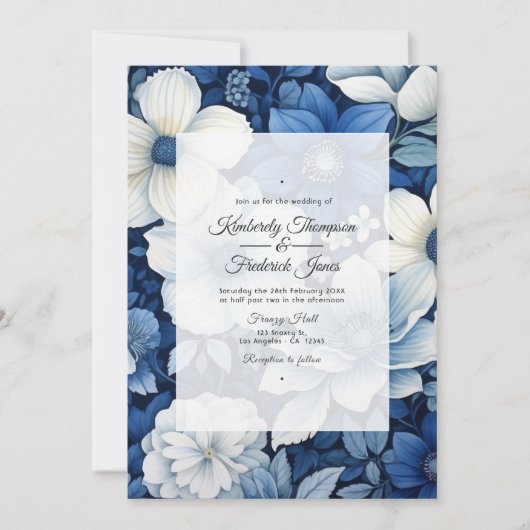 Navy en witte bloemenbruiloft kaart (Voorkant)