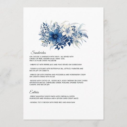 Navy en witte bloemenbruiloft menu (Achterkant)