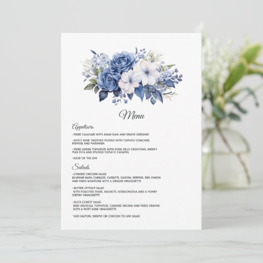Navy en witte bloemenbruiloft menu (Staand voorkant)