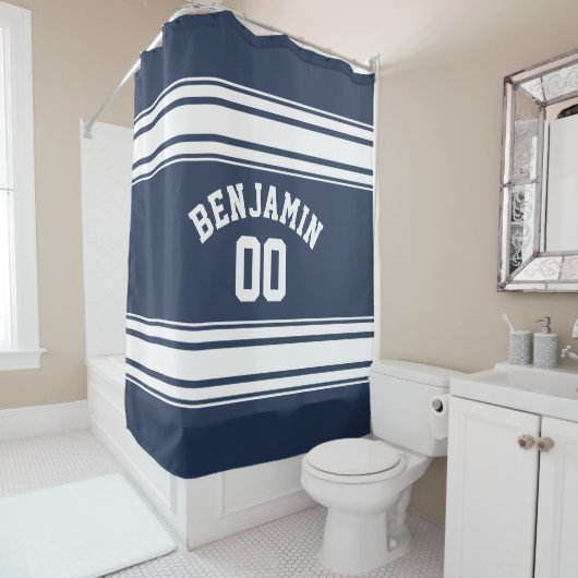 Navy en Witte Sport Jersey Custom Naam Nummer Douchegordijn (In situ)