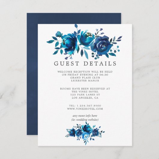 Navy en Witte Waterverf bruiloft gastgegevens Informatiekaartje (Voorkant / Achterkant)