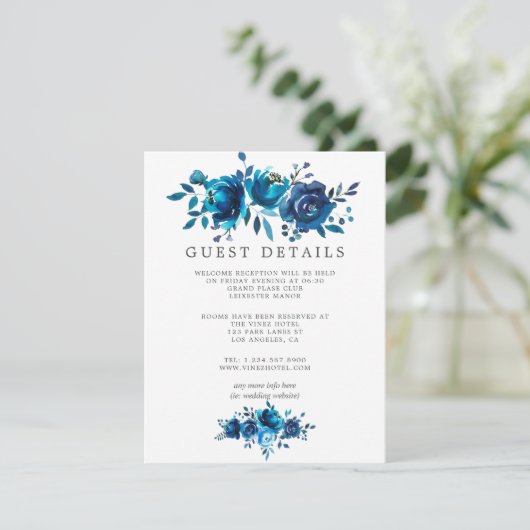 Navy en Witte Waterverf bruiloft gastgegevens Informatiekaartje (Staand voorkant)