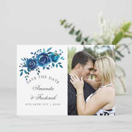 Navy en Witte Waterverf Bruiloft Save the Date (Staand voorkant)