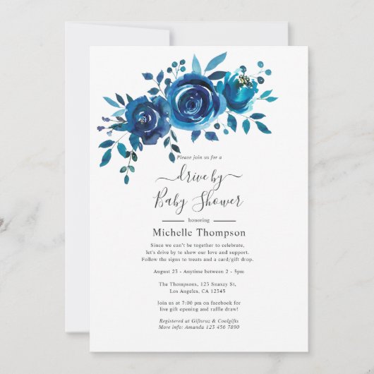 Navy en Witte Waterverf Floral Drive By Shower Kaart (Voorkant)