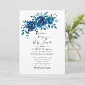 Navy en Witte Waterverf Floral Drive By Shower Kaart (Staand voorkant)