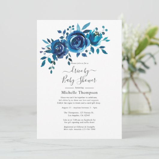 Navy en Witte Waterverf Floral Drive By Shower Kaart (Staand voorkant)