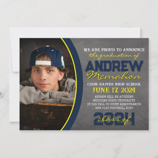 Navy en Yellow Chalkboard Afstuderen Aankondiging (Voorkant)