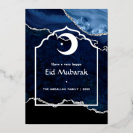 Navy en Zilveren Agate Eid Mubarak Folie Feestdagenkaart