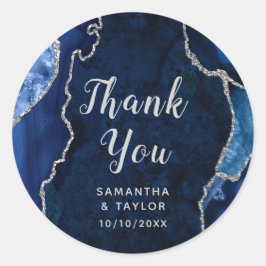 Navy en Zilveren Agate Marmer Bedankt Trouwfeest Ronde Sticker