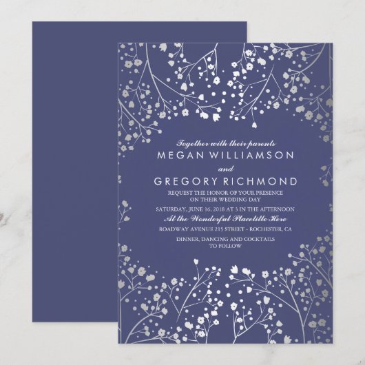 Navy en zilveren baby's adem eenvoudige bruiloft kaart (Voorkant / Achterkant)