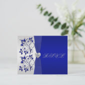 Navy en zilveren bloemen met zilveren hart RSVP (Staand voorkant)