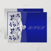 Navy en zilveren bloemen met zilveren hart RSVP (Voorkant / Achterkant)