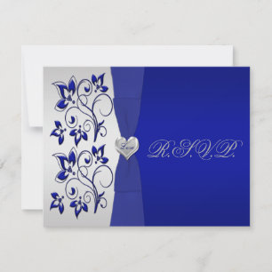 Navy en zilveren bloemen met zilveren hart RSVP Kaartje