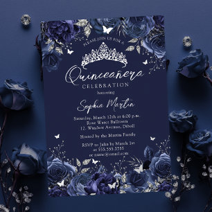 Navy Enchanting Floral Butterfly Quinceanera Folie Uitnodiging