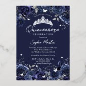 Navy Enchanting Floral Butterfly Quinceanera Folie Uitnodiging (Voorkant)
