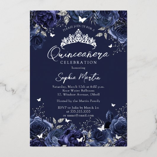 Navy Enchanting Floral Butterfly Quinceanera Folie Uitnodiging (Voorkant)