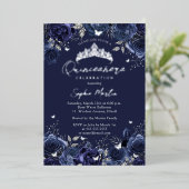 Navy Enchanting Floral Butterfly Quinceanera Folie Uitnodiging (Staand Voorkant)